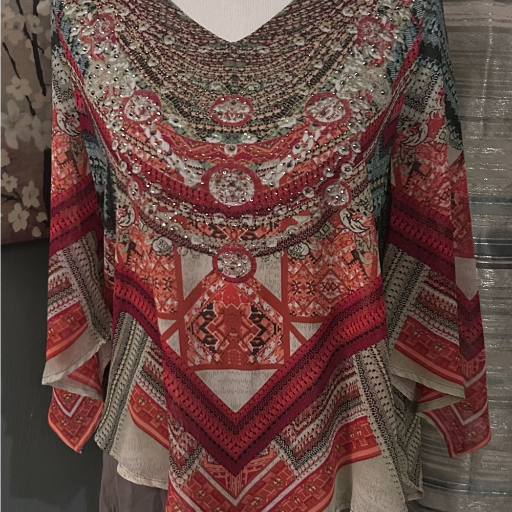 Westport Beaded V-Neck Boho Tunic in Red and Cream